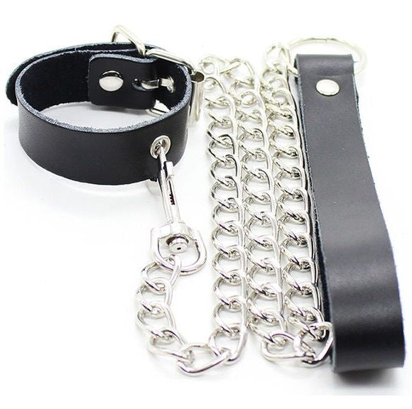 OHMAMA FETISH - COLLAR PARA PENE Y CORREA PIEL CON CADENA METALICA